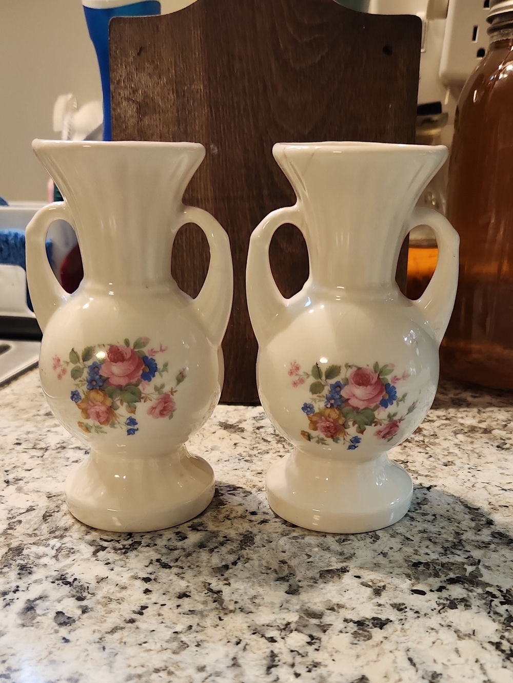 Vintage Cream Floral Double-Handled Ceramic Vase Pair